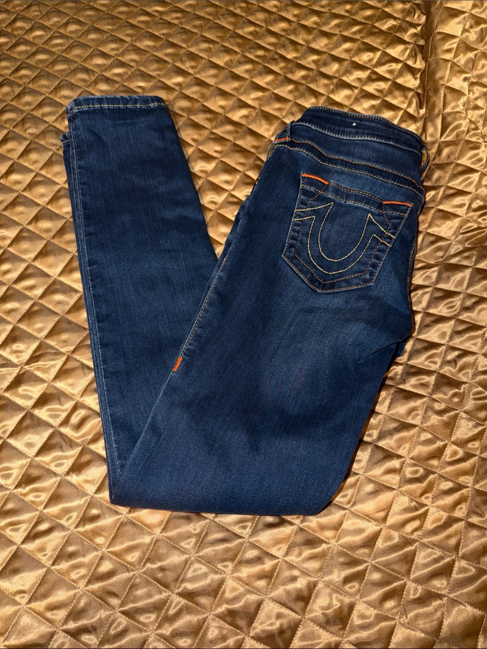 True Religion Women's Dark Blue Skinny Jeans with Orange Stitching & Stretch